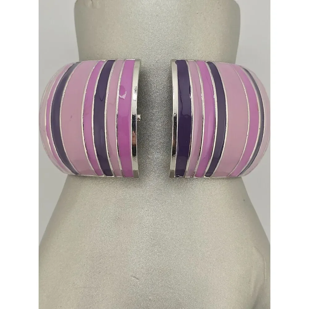 Clamper Cuff Bracelet Silver Tone Pink Purple Metal Chunky Domed 2
